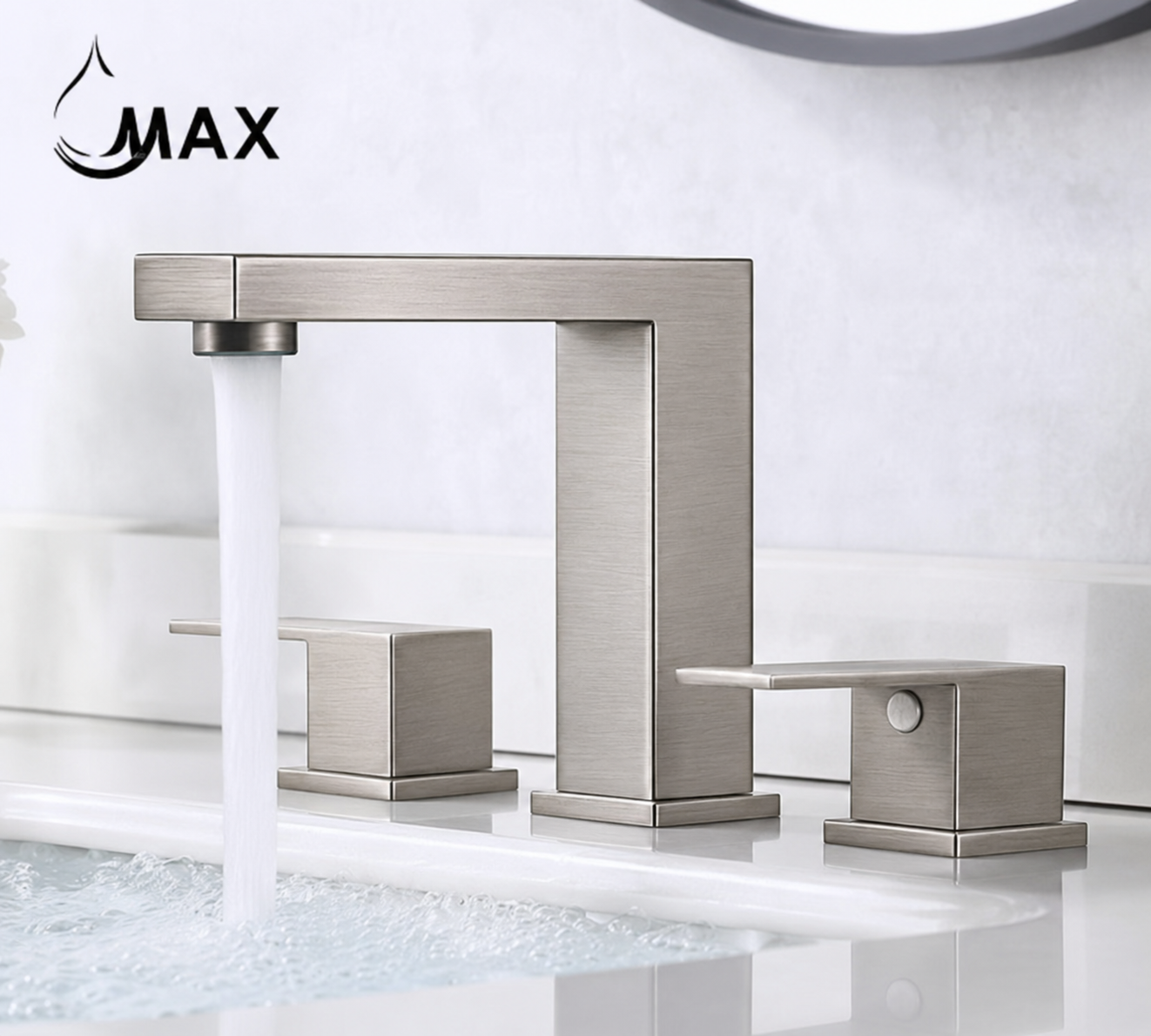 A modern three-hole bathroom faucet set with a brushed nickel finish, featuring a tall rectangular spout, a separate hot/cold valve, and a matching lever handle. Water is shown flowing from the spout into a white sink.