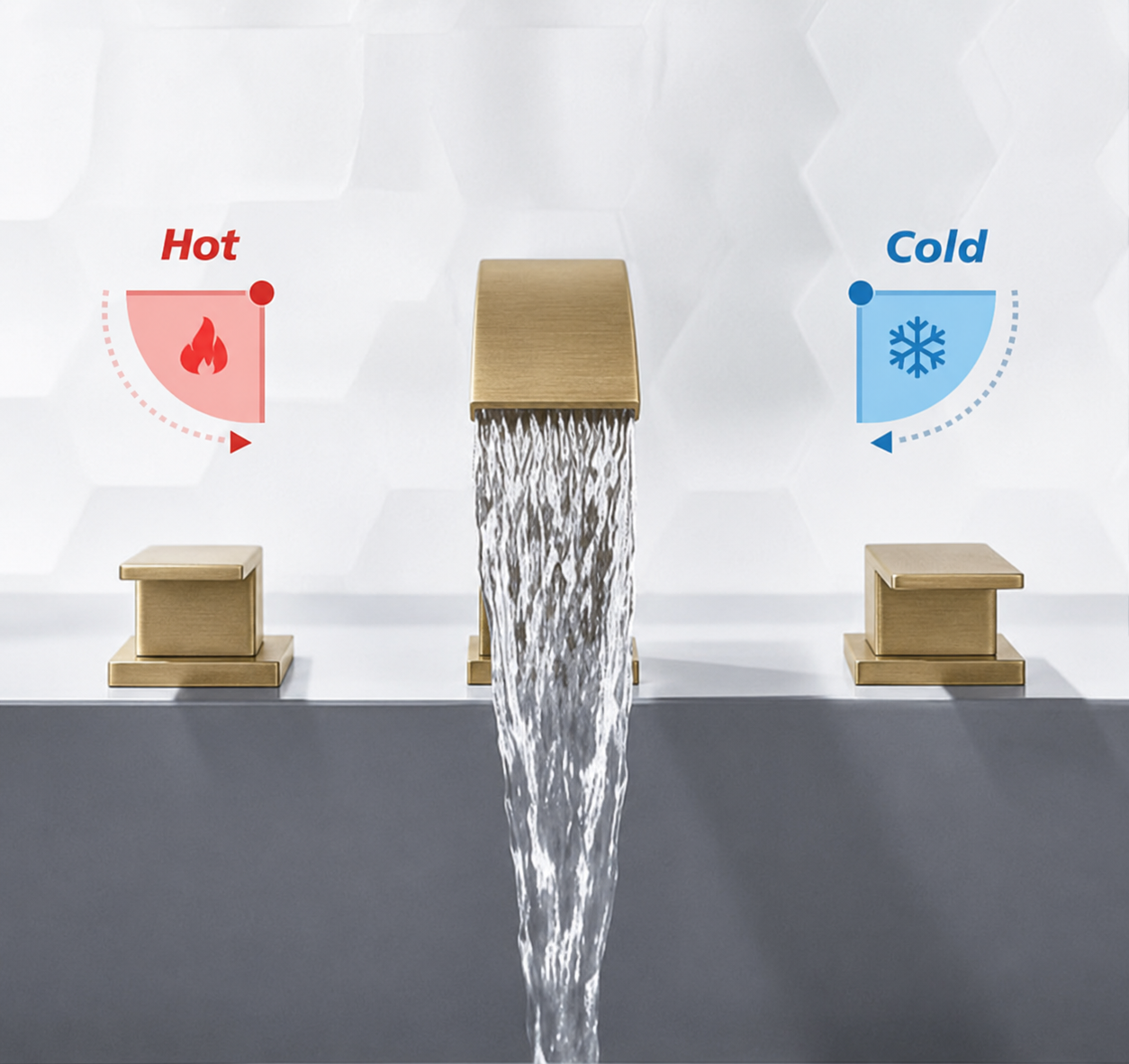 A modern wall-mounted faucet with a rectangular brushed-gold finish, shown with water flowing from the center spout into a sink. Two matching gold handles sit on either side, and overlaid graphics label the left side as Hot with a red flame icon and the right side as Cold with a blue snowflake icon.