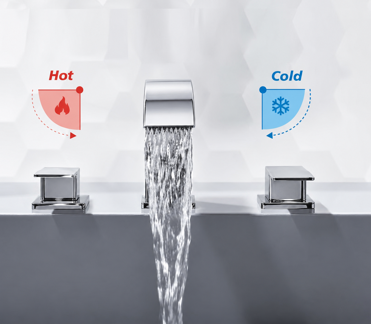 A modern chrome faucet with water flowing down the center spout, shown with two matching side handles on a sink. Red and blue graphic overlays label the hot and cold sides with flame and snowflake icons.