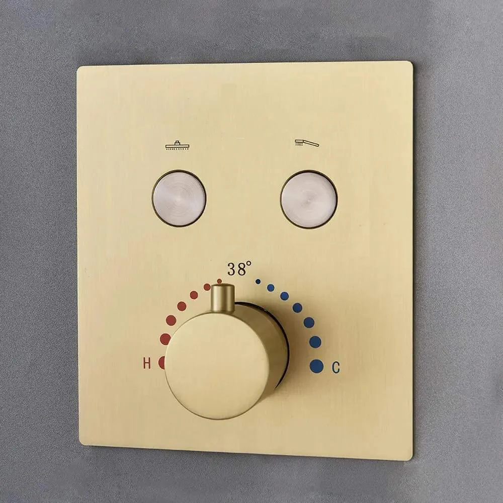 MAX Faucets Thermostatic Shower Valve Cover Plate with Two Push Buttons and Knob – Brushed Gold