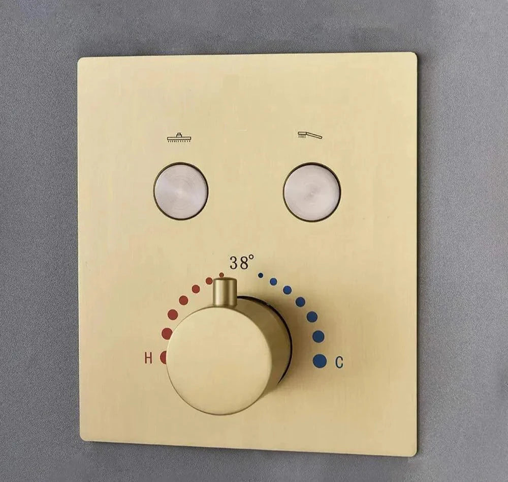 Ceiling Thermostatic Shower System Two Functions With Push-buttons Pressure Balance Valve Brushed Gold Finish