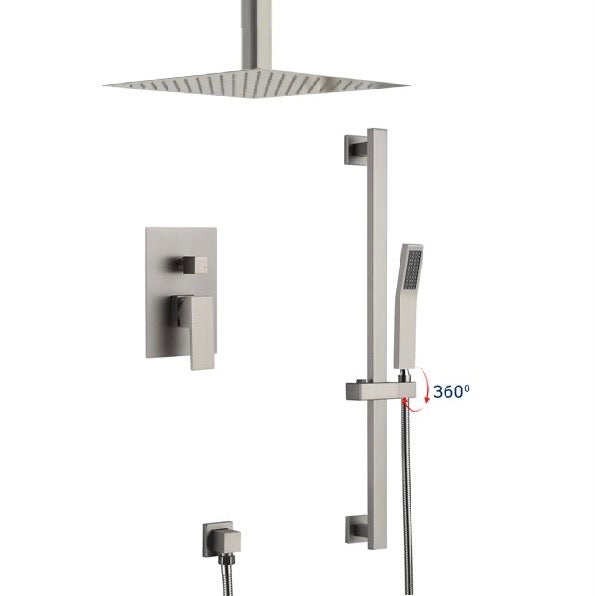 Ceiling Shower System Two Functions With Hand-Held Slide Bar and Pressure Balance Valve Brushed Nickel