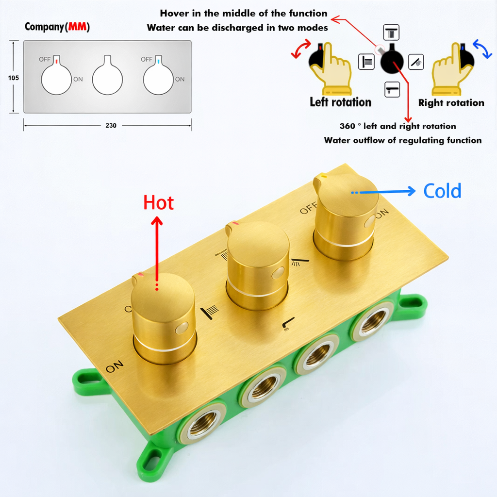 Brushed gold pressure balance valve with three control knobs for MAX Faucets ceiling shower system