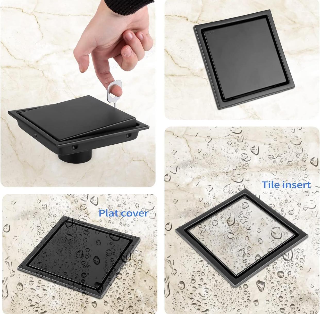 Square Shower Drain with Cover 4 Inches Matte Black