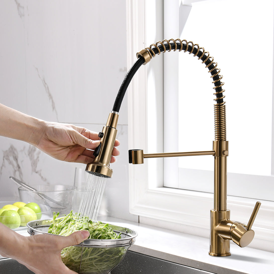 MAX Faucets | Pull-Down Spiral Flexible Kitchen Faucet – 16.5" Brushed Gold Finish