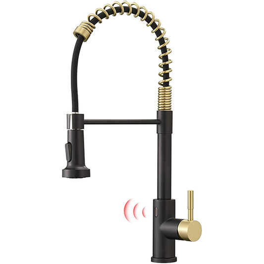 Smart Touch-Less Kitchen Faucet Pull-Out Spring Spout 20" Matte Black, Brushed Gold Finish