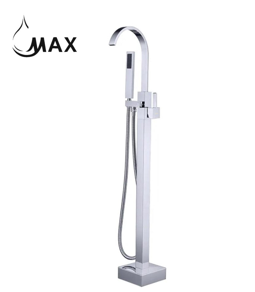 Tub Filler Faucet Floor Mounted Single Handle With Rough-in & Handheld Shower Chrome Finish