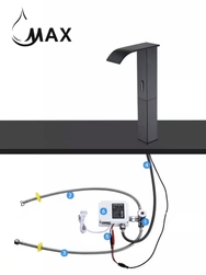 A modern tall faucet shown installed above a sink, with a separate water supply line and valve assembly pictured below on a white background. The faucet appears dark gray to black, and the plumbing components are white with blue and yellow accents.