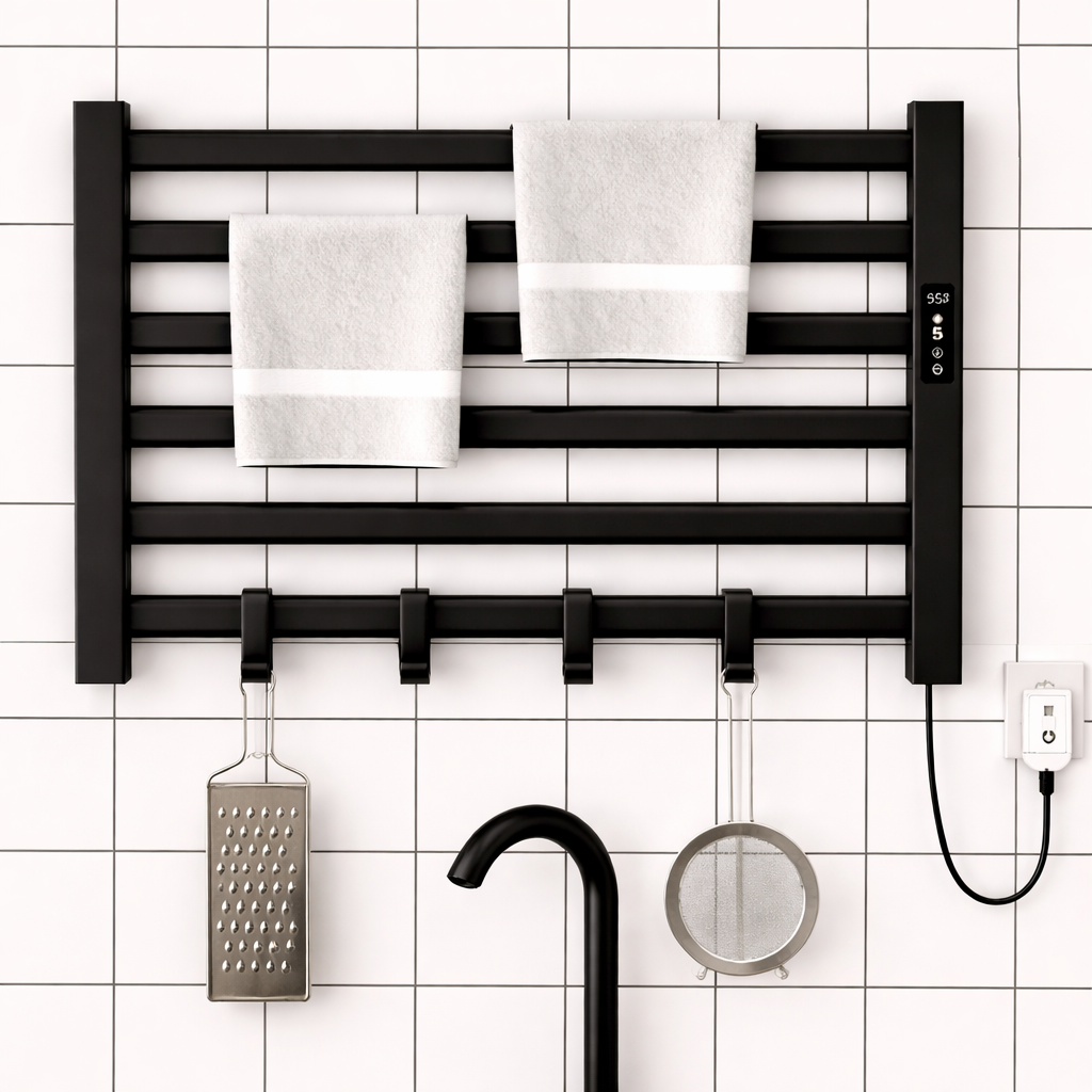 6-bar-matte-black-towel-warmer-side-view-wall-mounted