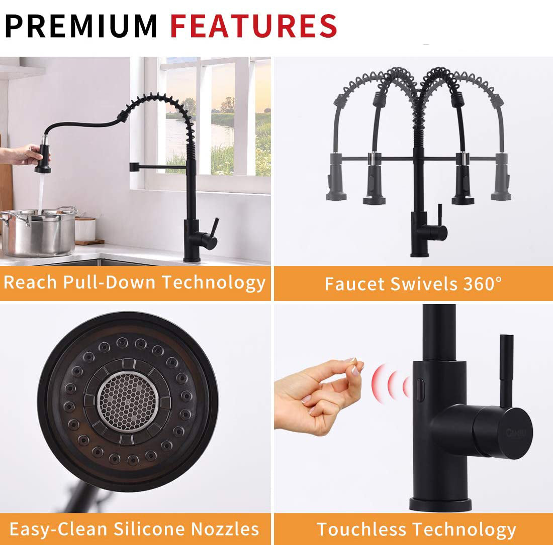 Touchless Kitchen Faucet with Pull-Out Sprayer – 19.5” High Arc Spring Spout, Matte Black Finish