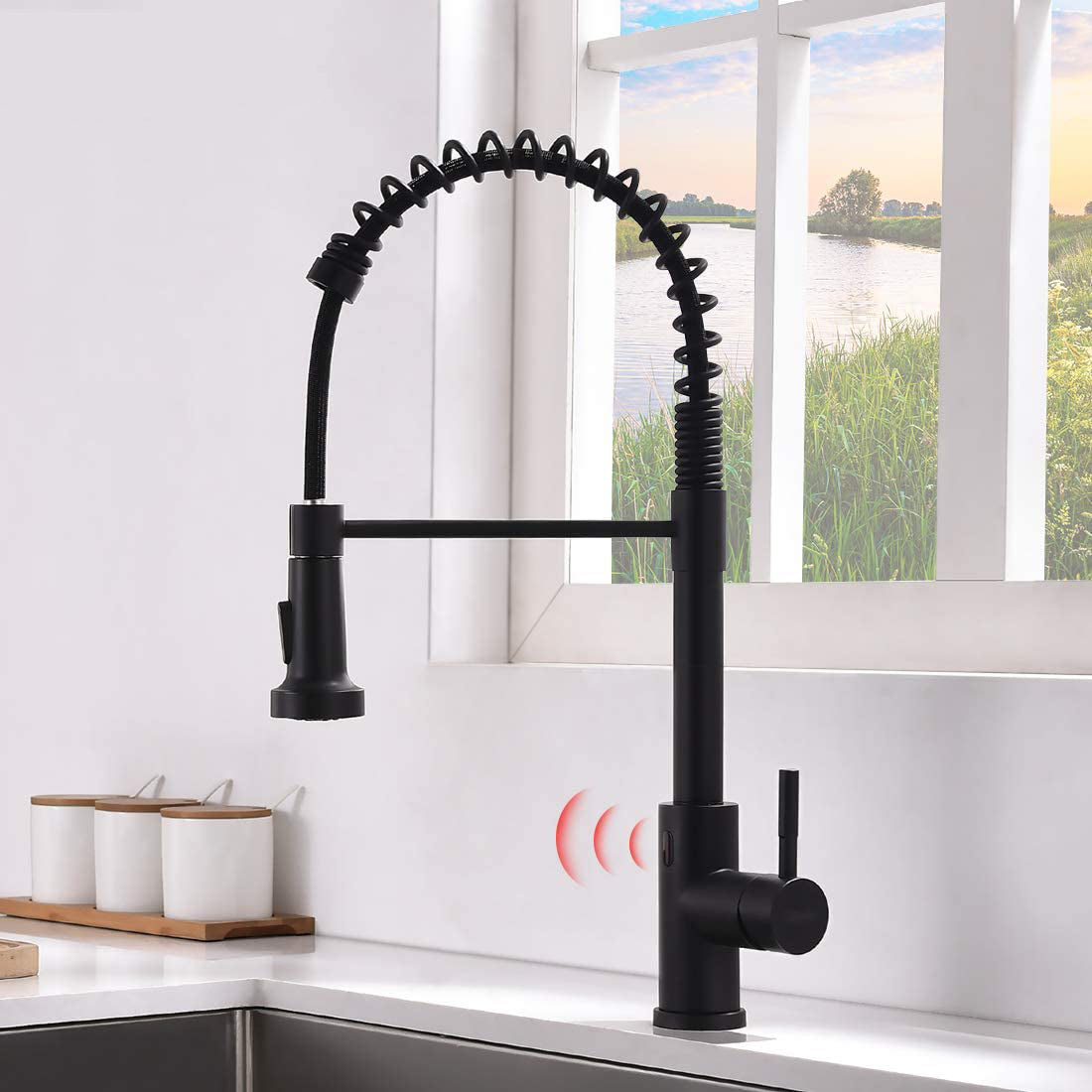 Touchless Kitchen Faucet with Pull-Out Sprayer – 19.5” High Arc Spring Spout, Matte Black Finish