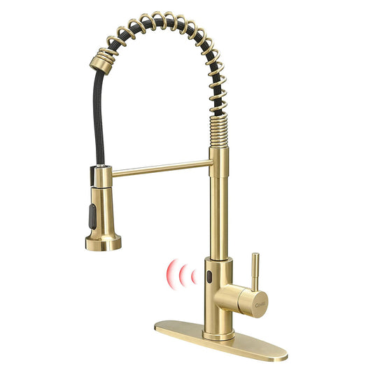 Smart Touch-Less Kitchen Faucet Pull-Out Spring Spout 20" Brushed Gold Finish