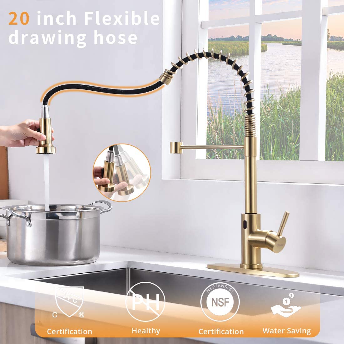 Touchless Kitchen Faucet with Pull-Out Sprayer – 19.5” High Arc Spring Spout, Brushed Gold Finish