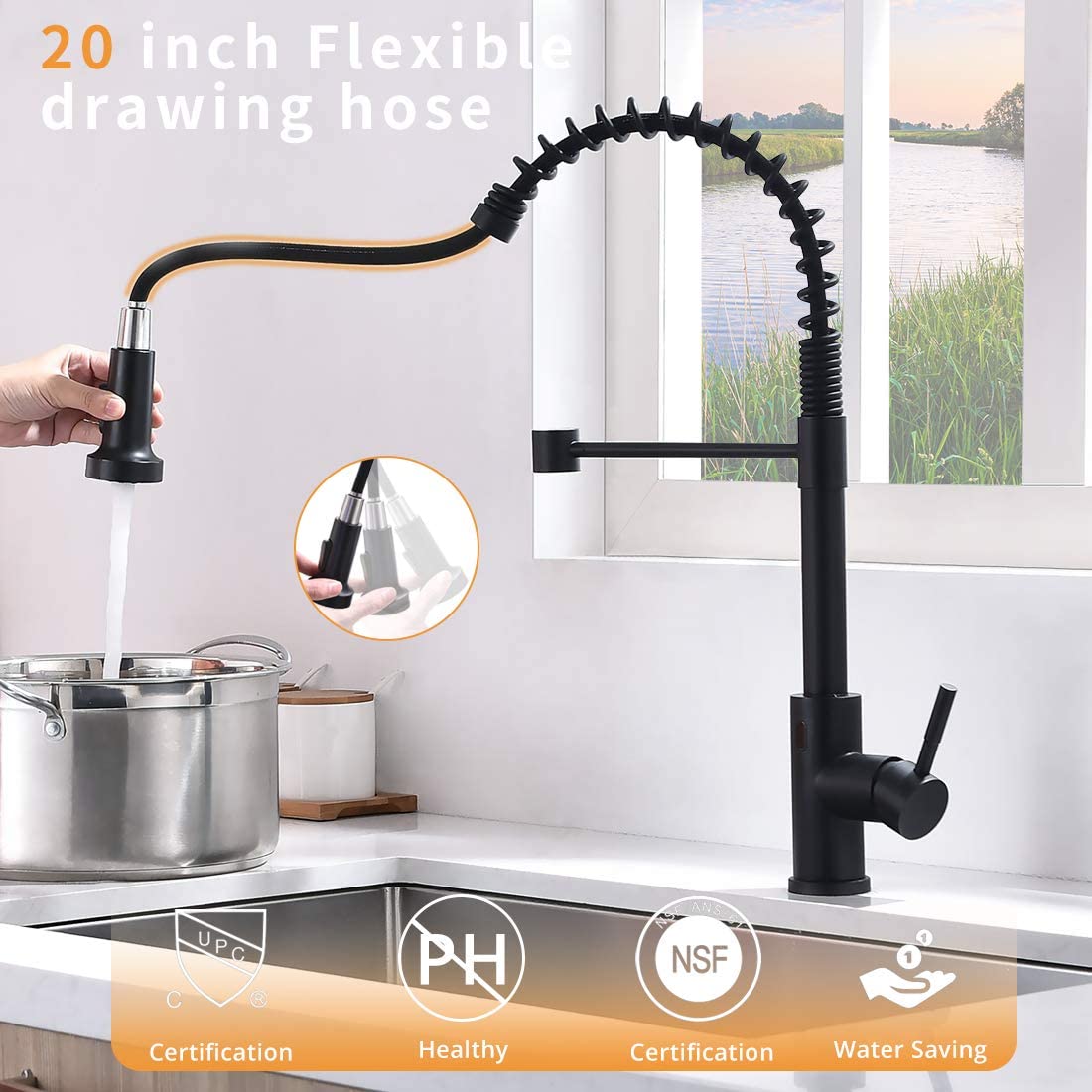 Touchless Kitchen Faucet with Pull-Out Sprayer – 19.5” High Arc Spring Spout, Matte Black Finish