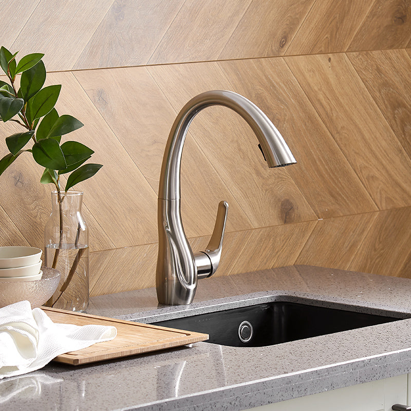 Gooseneck Kitchen Faucet Single Handle Pull-Out 14" Brushed Nickel Finish