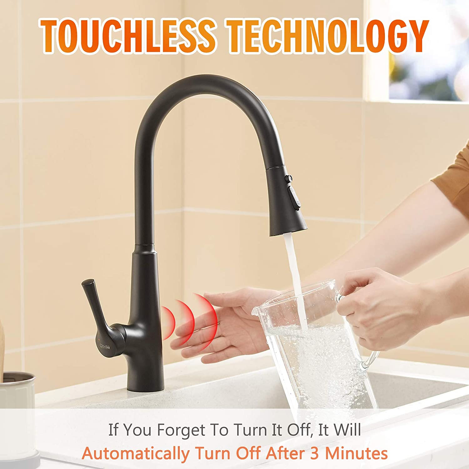 Touchless Kitchen Faucet – Smart Single Handle Pull-Out, 17.75” High Arc Spout, Matte Black Finish