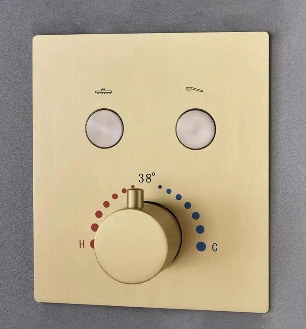 Thermostatic Shower System Two Functions With Push Buttons and Hand-Held Slide Bar, Pressure-Balance Valve Brushed Gold