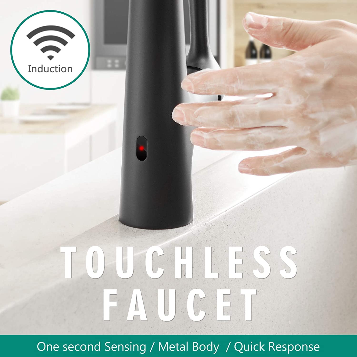 Touchless Kitchen Faucet – Smart Single Handle Pull-Out, 17.75” High Arc Spout, Matte Black Finish