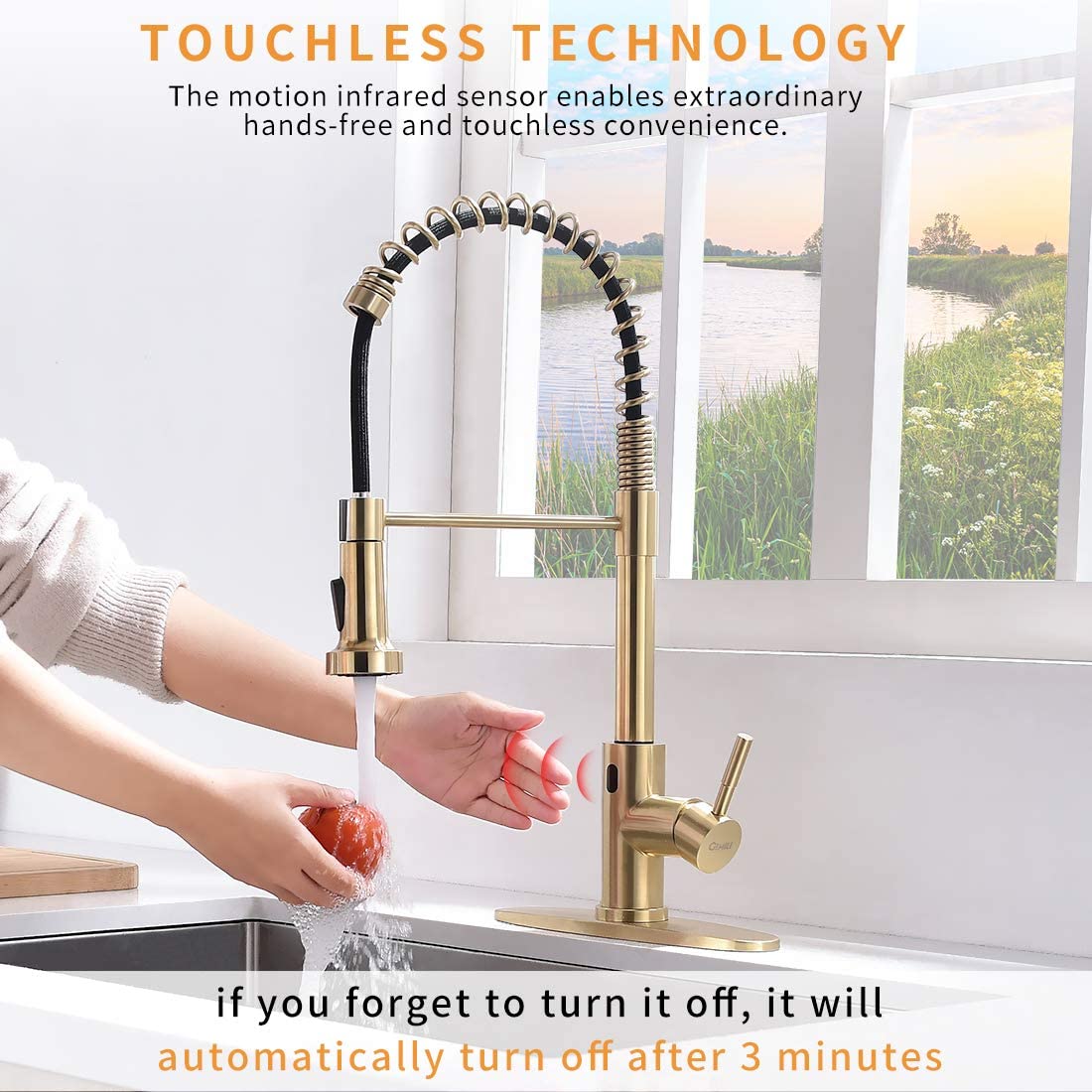 Touchless Kitchen Faucet with Pull-Out Sprayer – 19.5” High Arc Spring Spout, Brushed Gold Finish