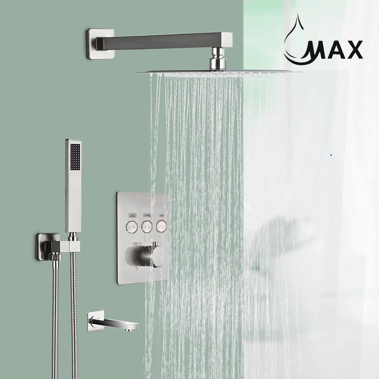 Thermostatic Square Shower System Set Three Functions With Push-buttons Pressure Balance Valve Brushed Nickel Finish