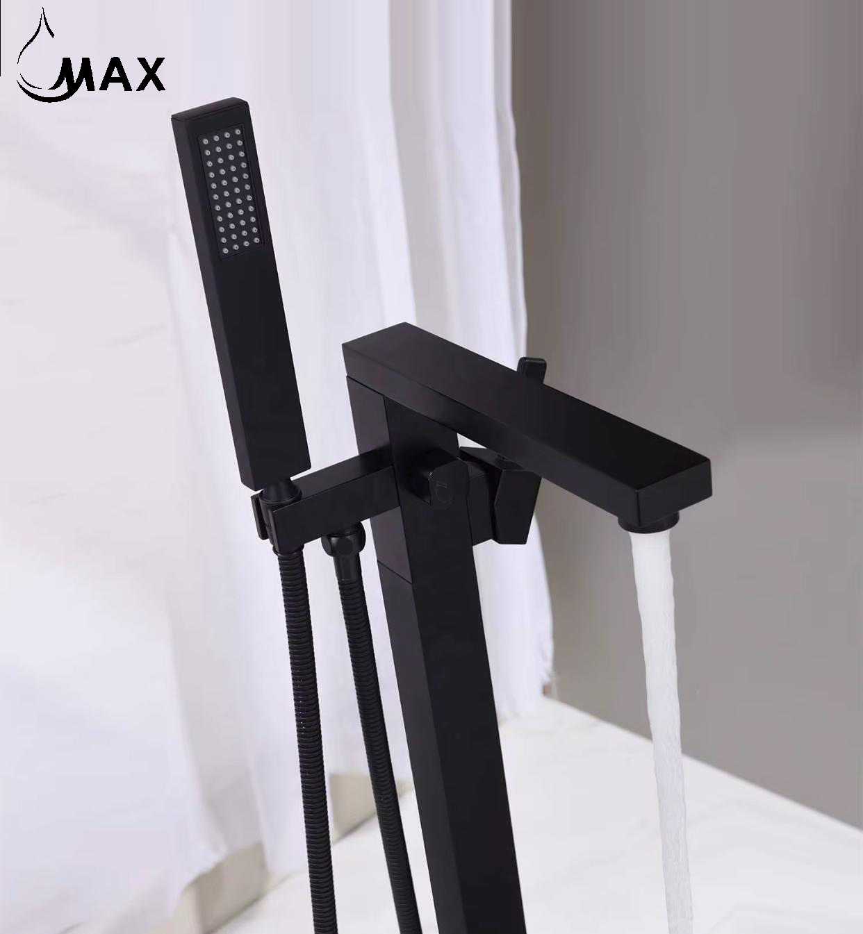 Freestanding Bathtub Faucet  Floor Mounted Tub Filler Faucet Single Handle  With Rough-In And Handheld Matte Black Finish