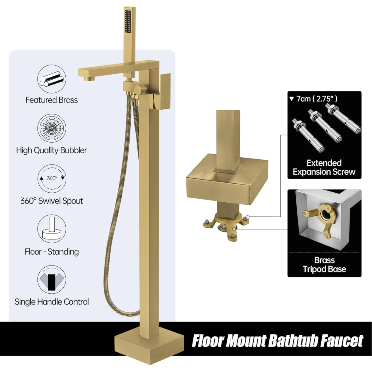 Freestanding Bathtub Faucet Brushed Gold Tub Filler Faucet Floor Mounted Single Handle With Rough-In And Handheld
