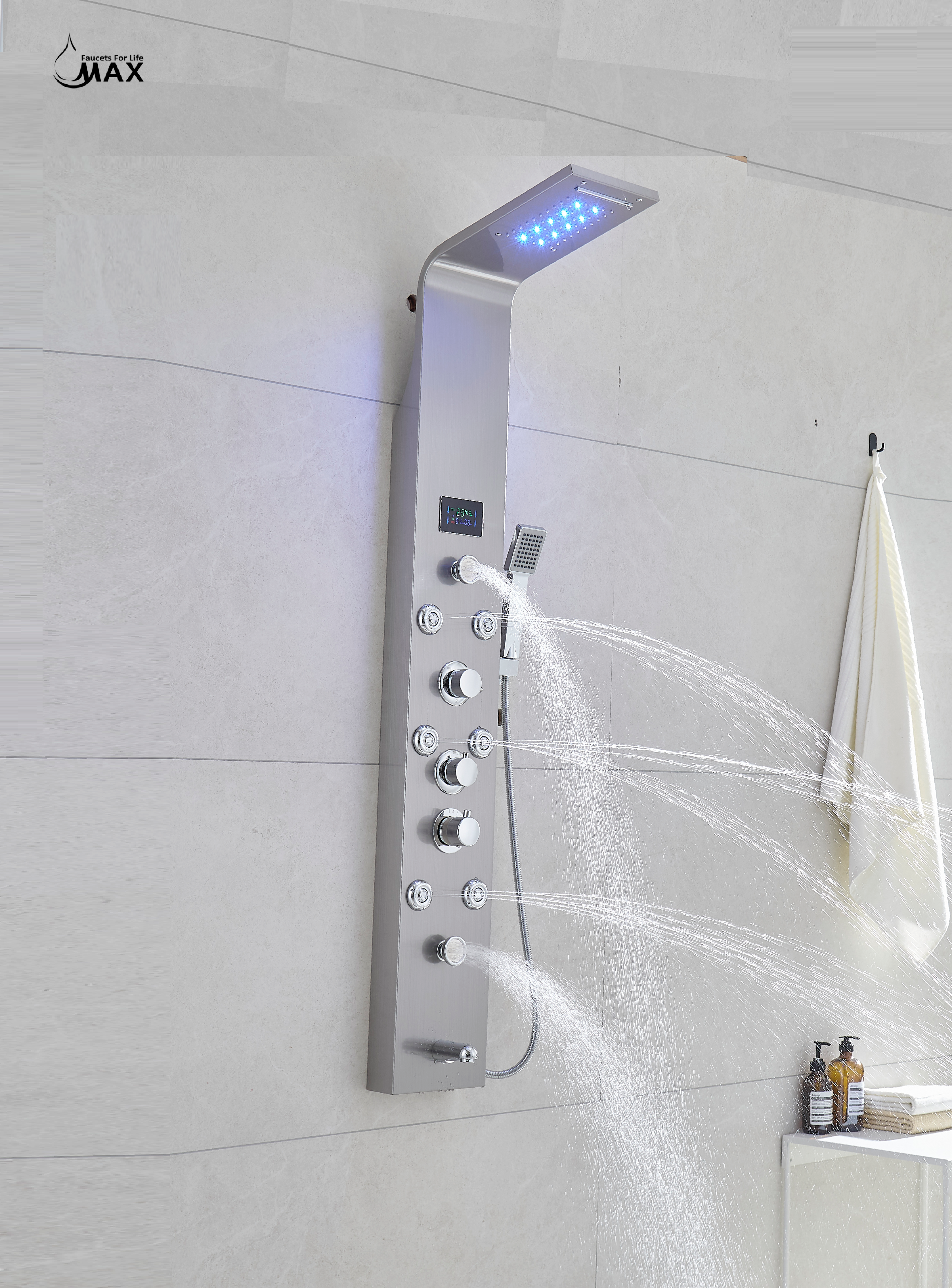 Thermostatic Rainfall Shower Panel System – 6 Functions with 8 Massage Jets, Handheld Shower & Digital Display | Brushed Nickel Finish