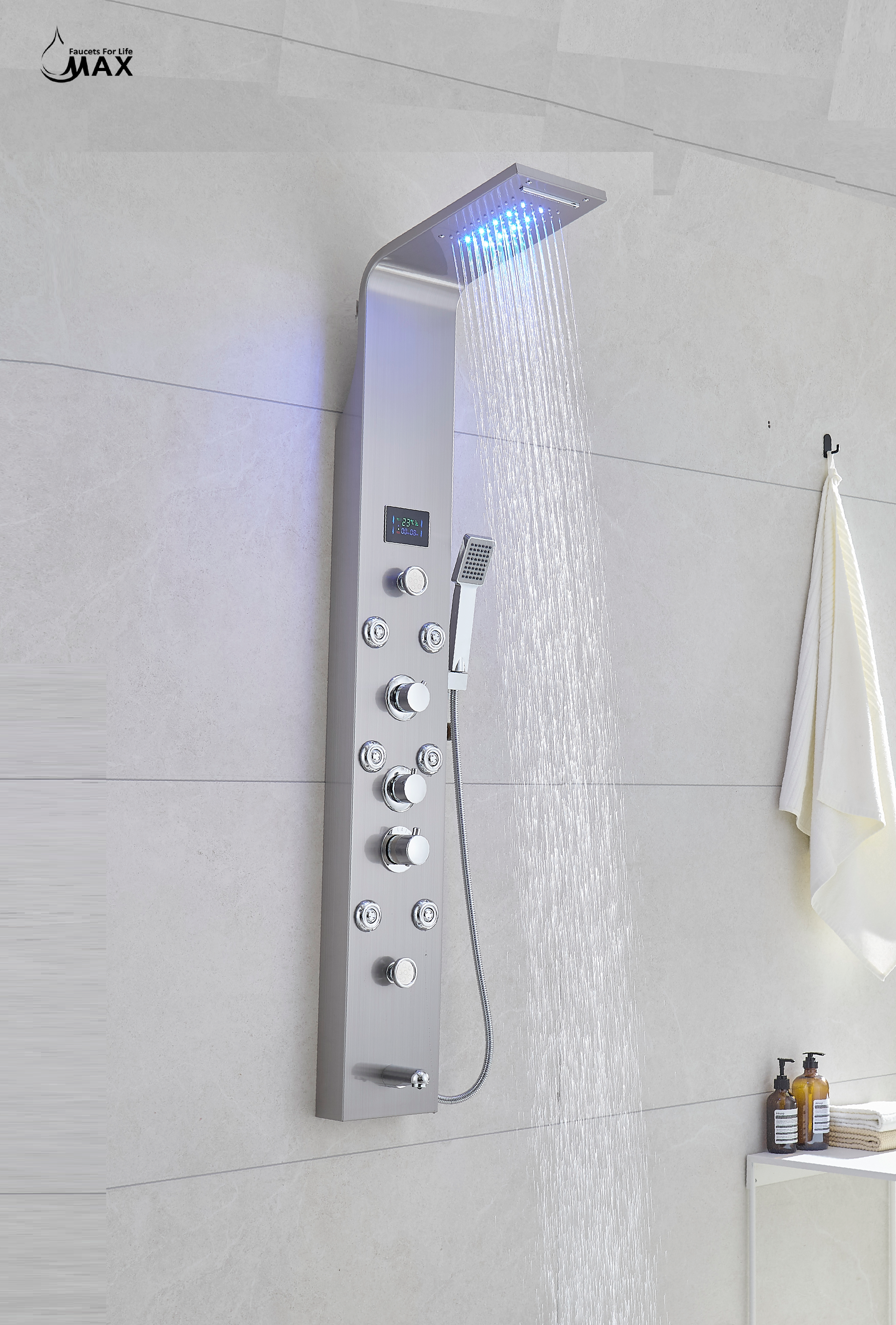 Thermostatic Rainfall Shower Panel System – 6 Functions with 8 Massage Jets, Handheld Shower & Digital Display | Brushed Nickel Finish