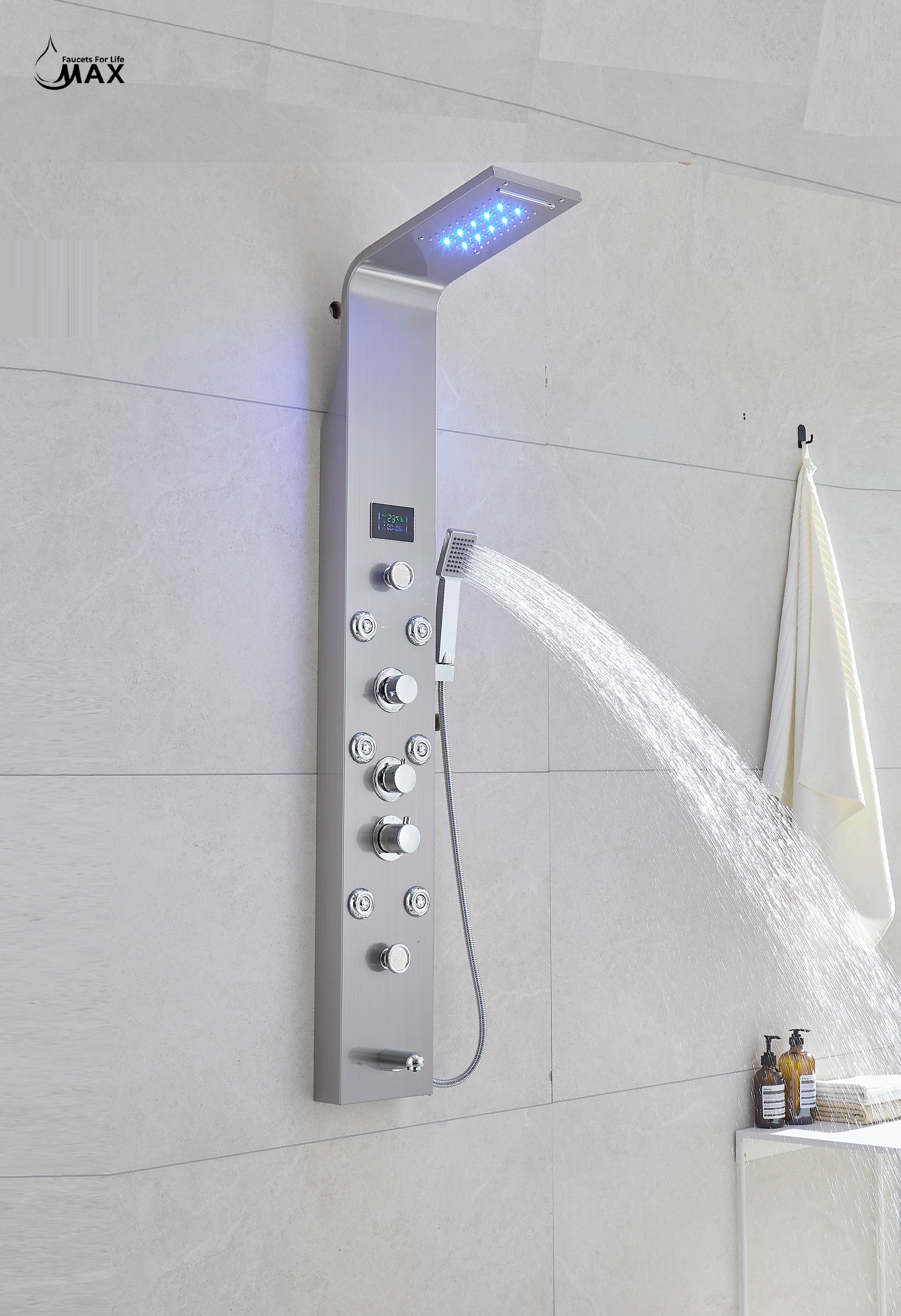 Thermostatic Rainfall Shower Panel System – 6 Functions with 8 Massage Jets, Handheld Shower & Digital Display | Brushed Nickel Finish