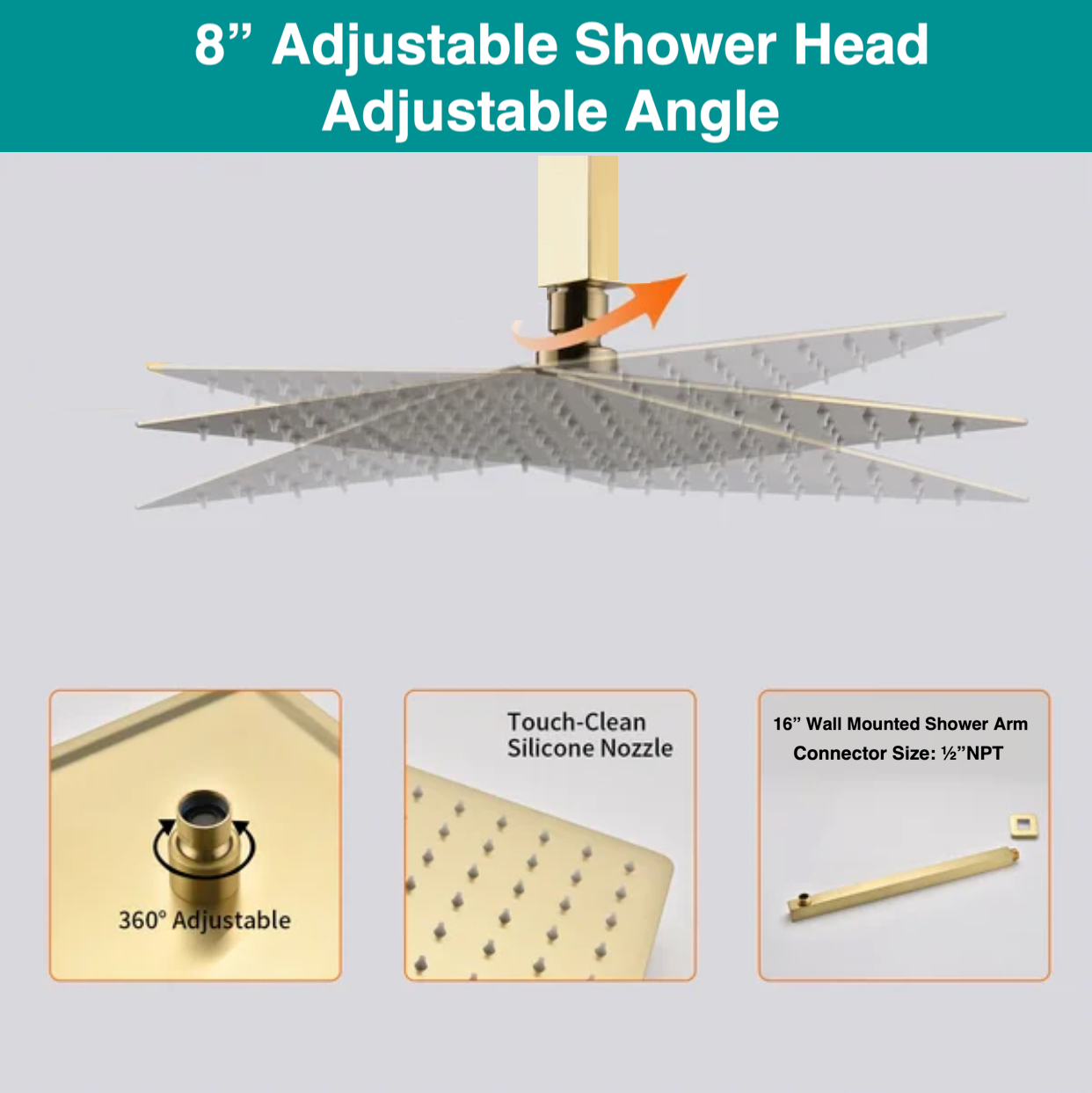 Shower Head High Pressure Ultra-Thin Square Shape Design 8" In Brushed Gold Finish