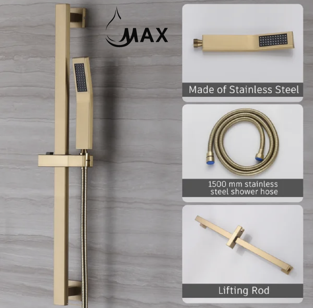 A brushed gold shower system with a square wall-mounted shower head, a hand-held slide bar, and a spout. The system includes various components such as a valve, hose, and installation hardware.