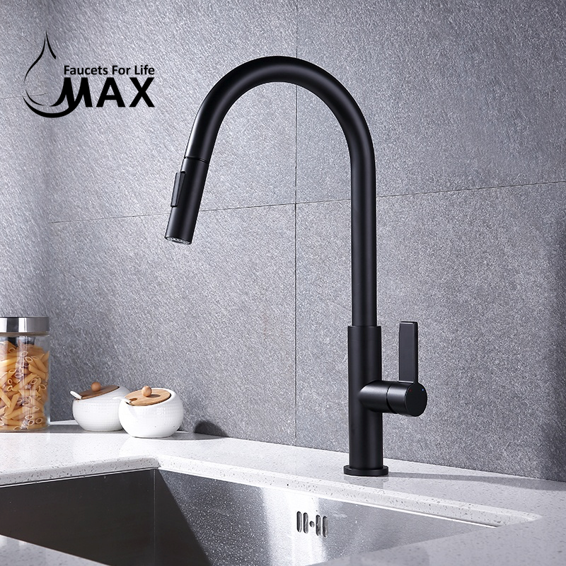 Pull-Out Kitchen Faucet – Single Handle, Matte Black, 18” High-Arc