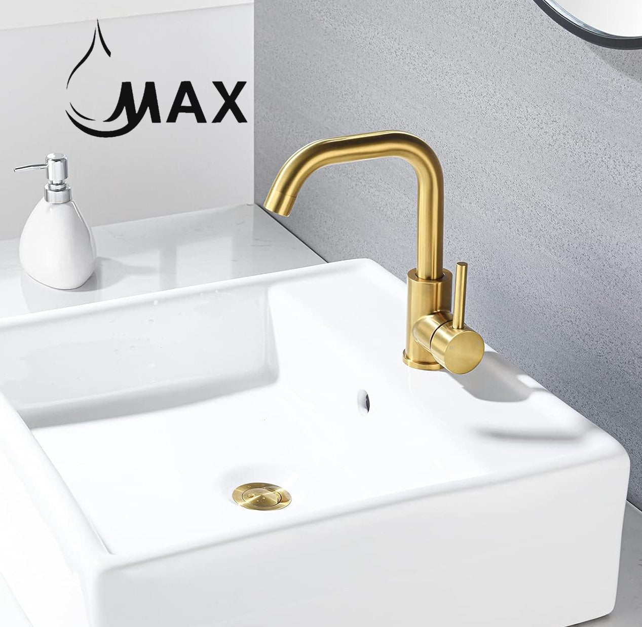 MAX Faucets | Brushed Gold Bathroom Faucet – Side Handle Swivel Spout with 360° Rotation