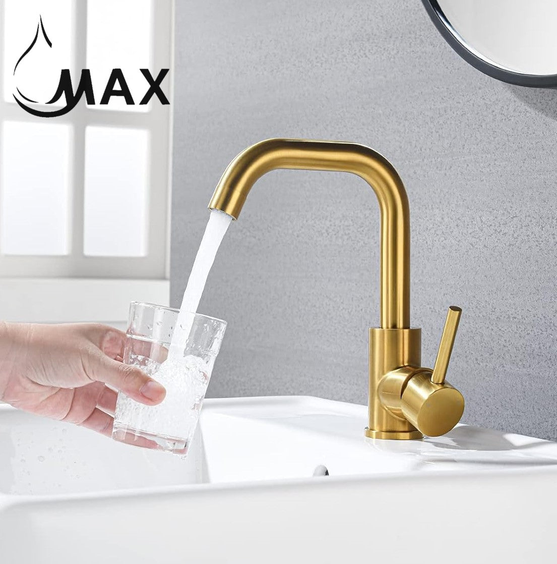 MAX Faucets | Brushed Gold Bathroom Faucet – Side Handle Swivel Spout with 360° Rotation