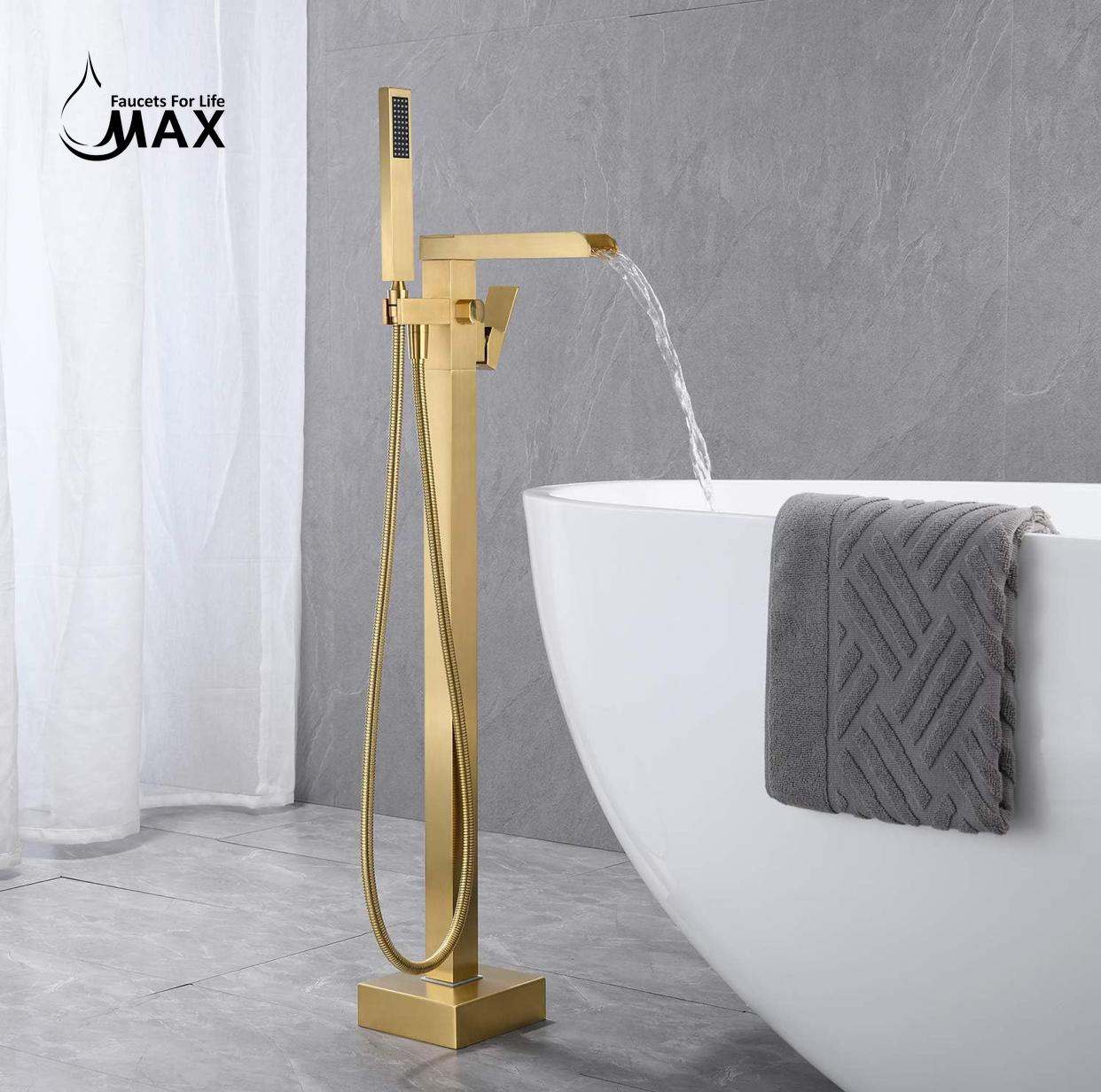 Tub Filler Waterfall Faucet Single Handle Floor Mount With Rough-In And Handheld Brushed gold