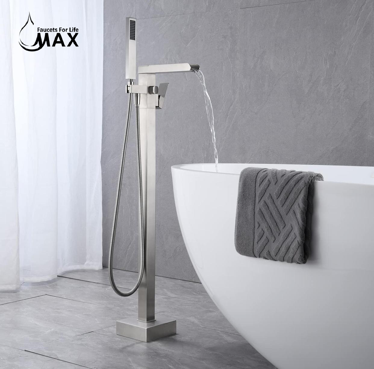 Waterfall Tub Filler Faucet Floor Mount Single Handle With Rough-In And Handheld Brushed Nickel Finish