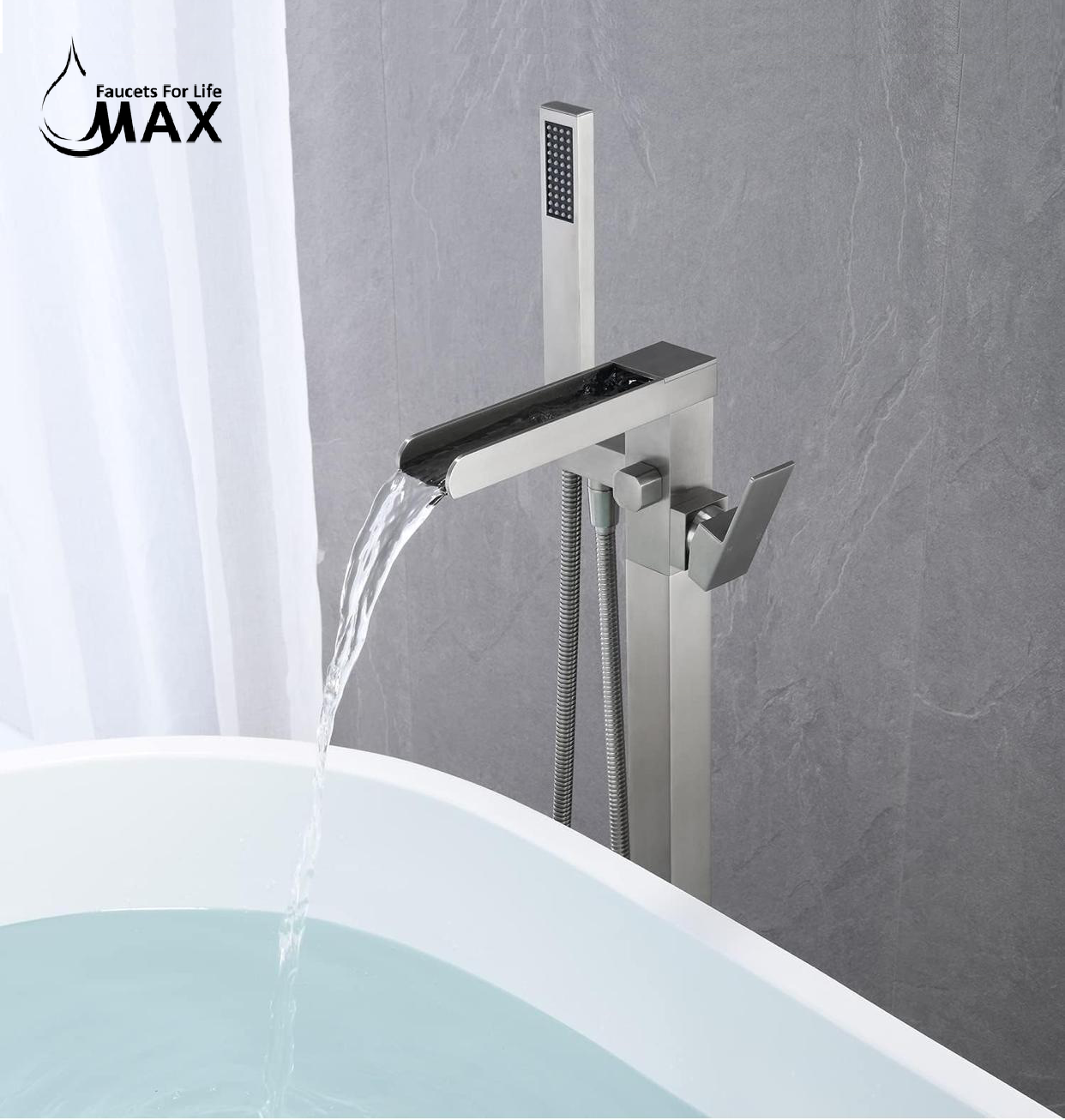 Waterfall Tub Filler Faucet Floor Mount Single Handle With Rough-In And Handheld Brushed Nickel Finish