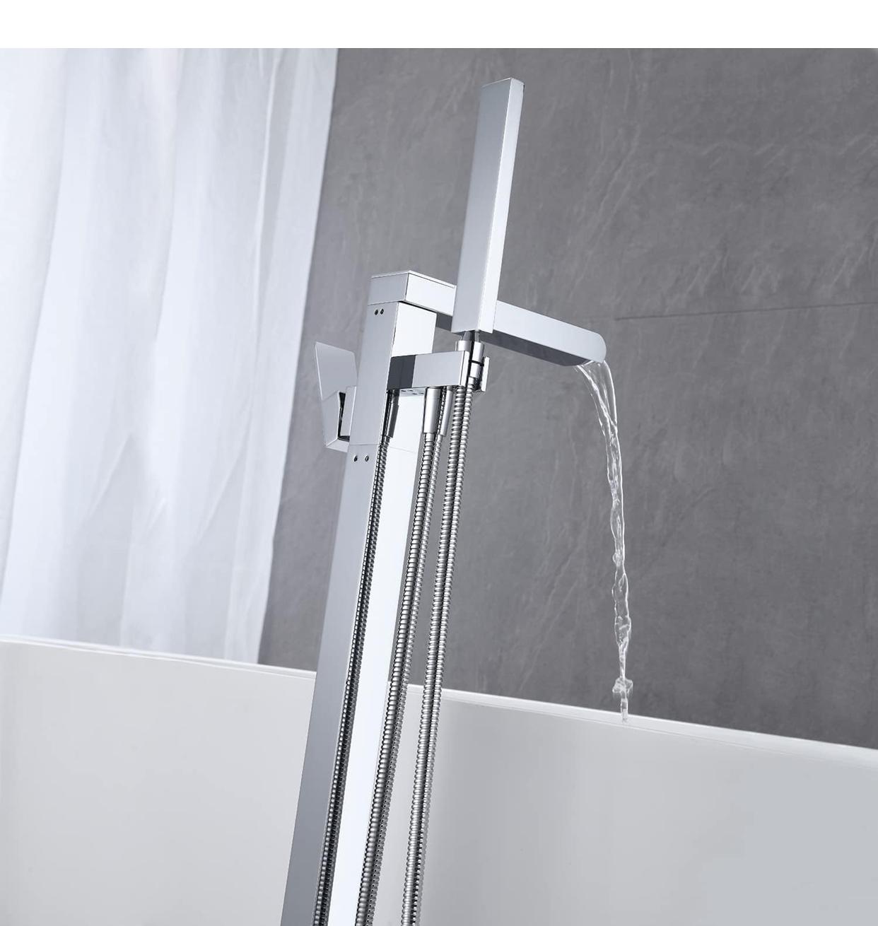 Waterfall Tub Filler Faucet Floor Mount Single Handle With Rough-In And Handheld Chrome Finish