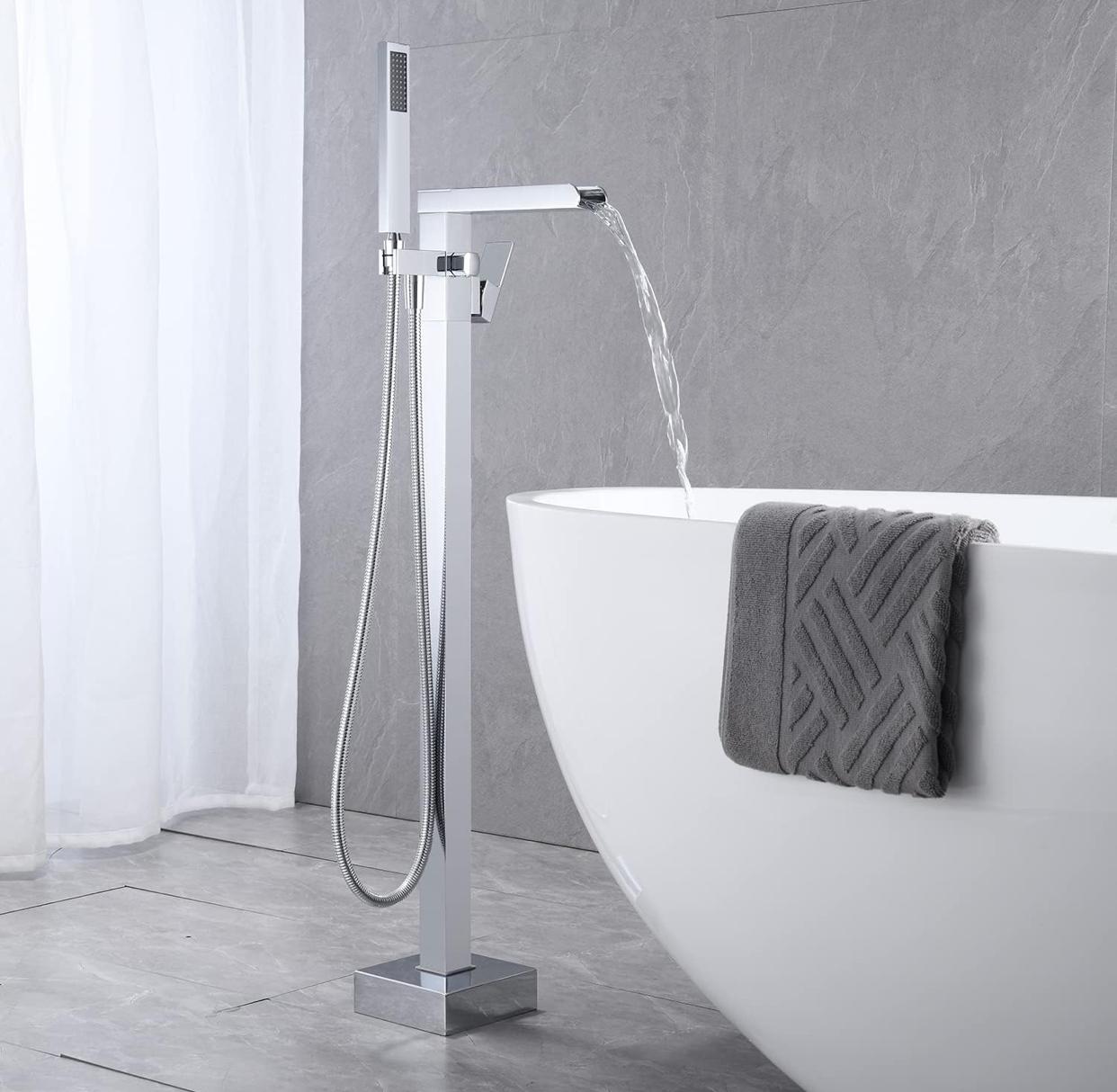 Waterfall Tub Filler Faucet Floor Mount Single Handle With Rough-In And Handheld Chrome Finish