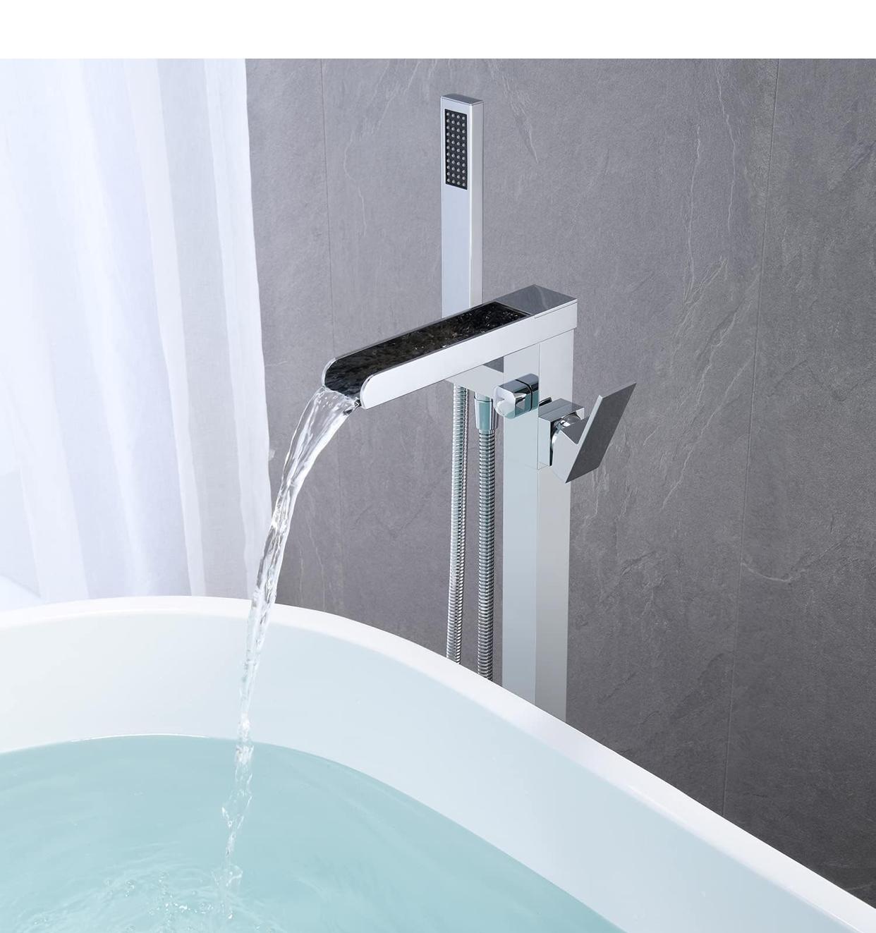 Waterfall Tub Filler Faucet Floor Mount Single Handle With Rough-In And Handheld Chrome Finish