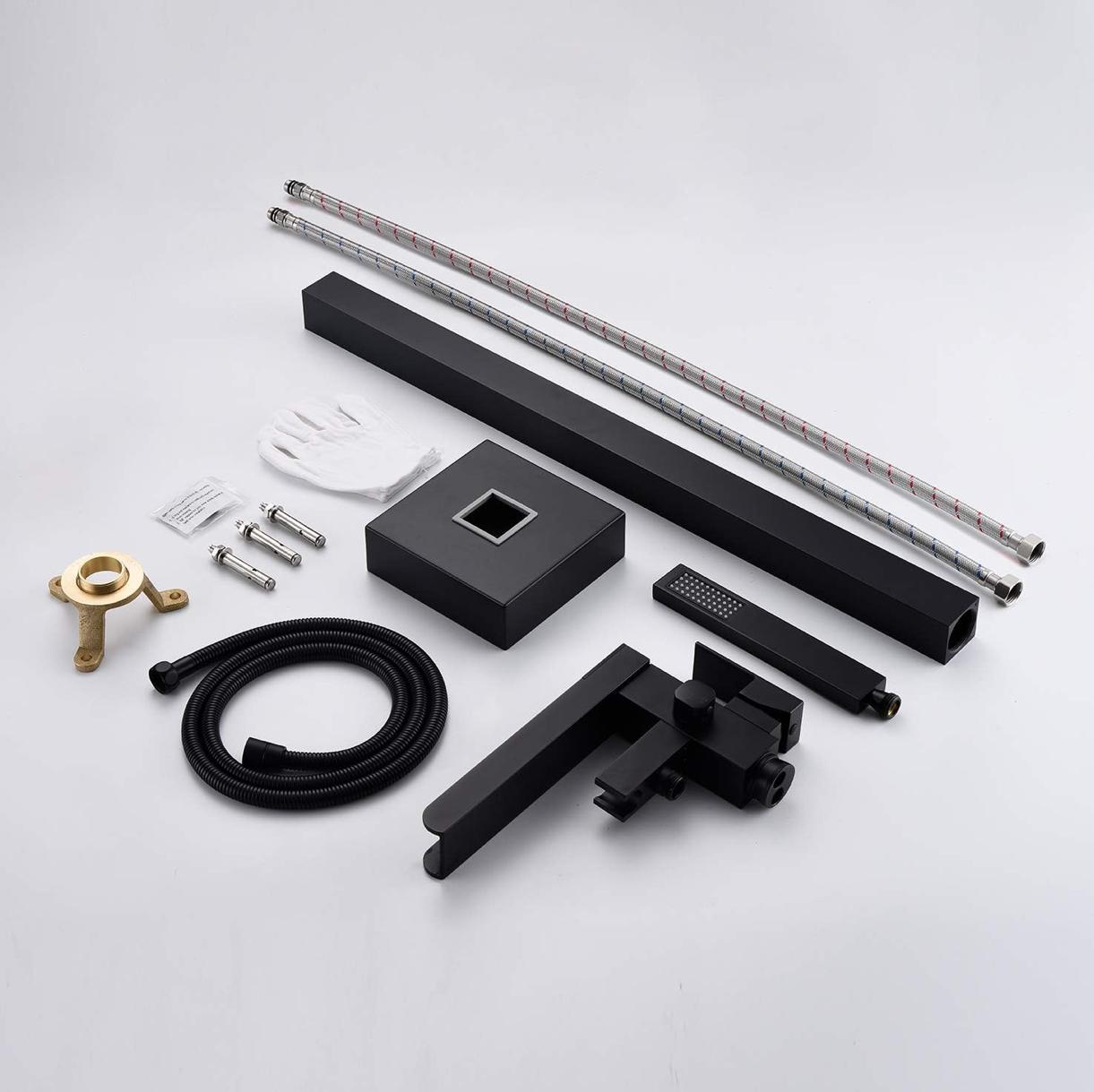 Waterfall Tub Filler Faucet Single Handle Floor Mount With Rough-In And Handheld Matte Black Finish