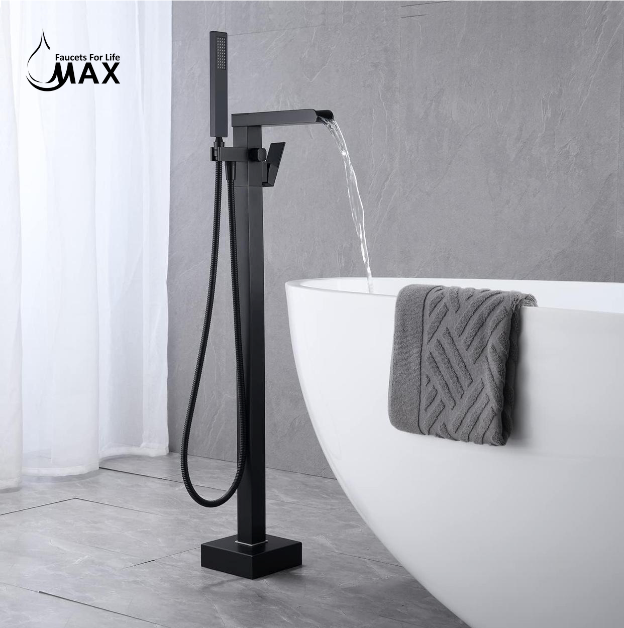 Waterfall Tub Filler Faucet Single Handle Floor Mount With Rough-In And Handheld Matte Black Finish