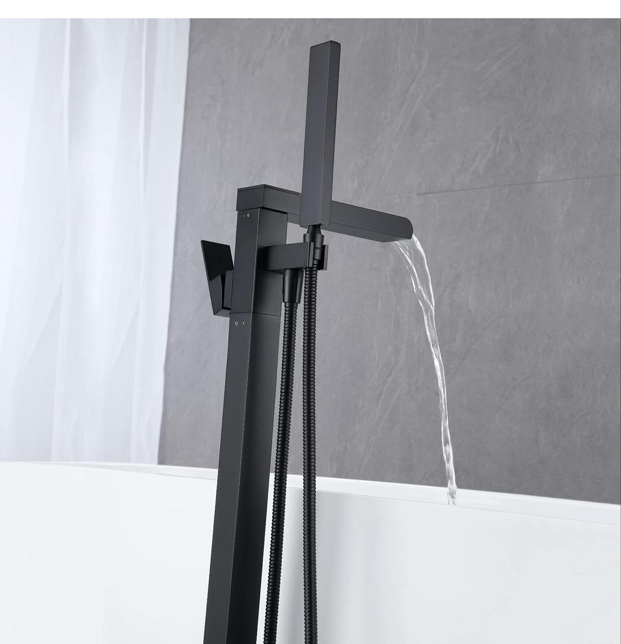 Waterfall Tub Filler Faucet Single Handle Floor Mount With Rough-In And Handheld Matte Black Finish