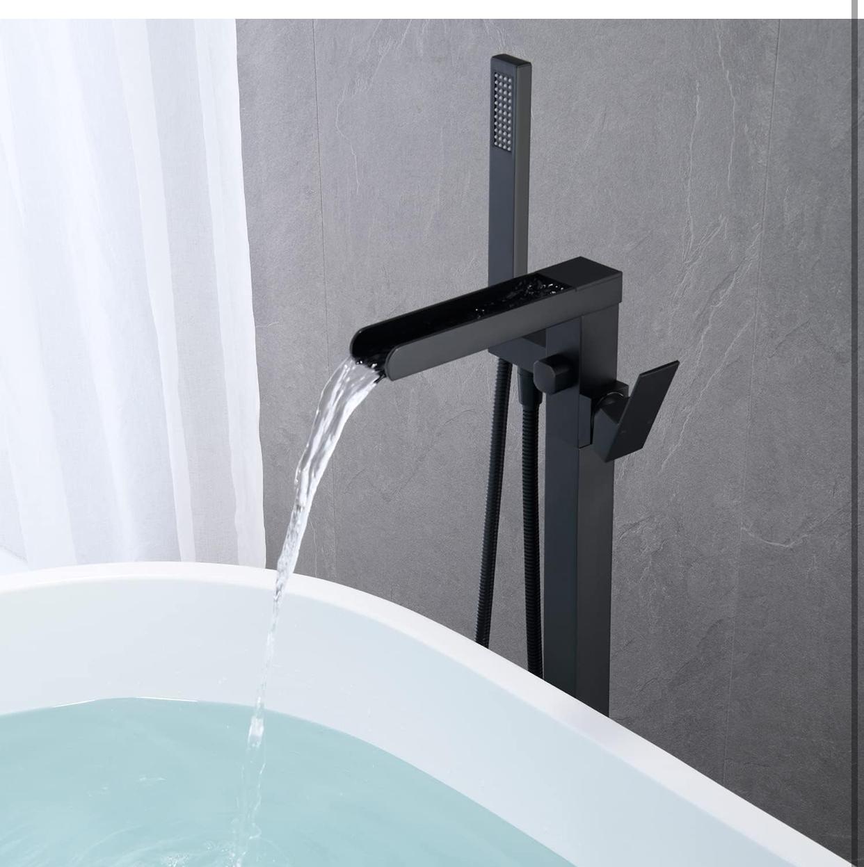 Waterfall Tub Filler Faucet Single Handle Floor Mount With Rough-In And Handheld Matte Black Finish