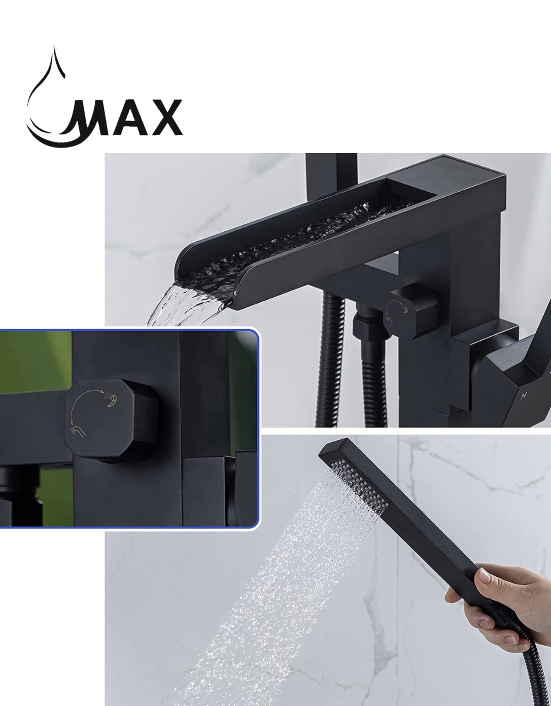 Waterfall Tub Filler Faucet Single Handle Floor Mount With Rough-In And Handheld Matte Black Finish