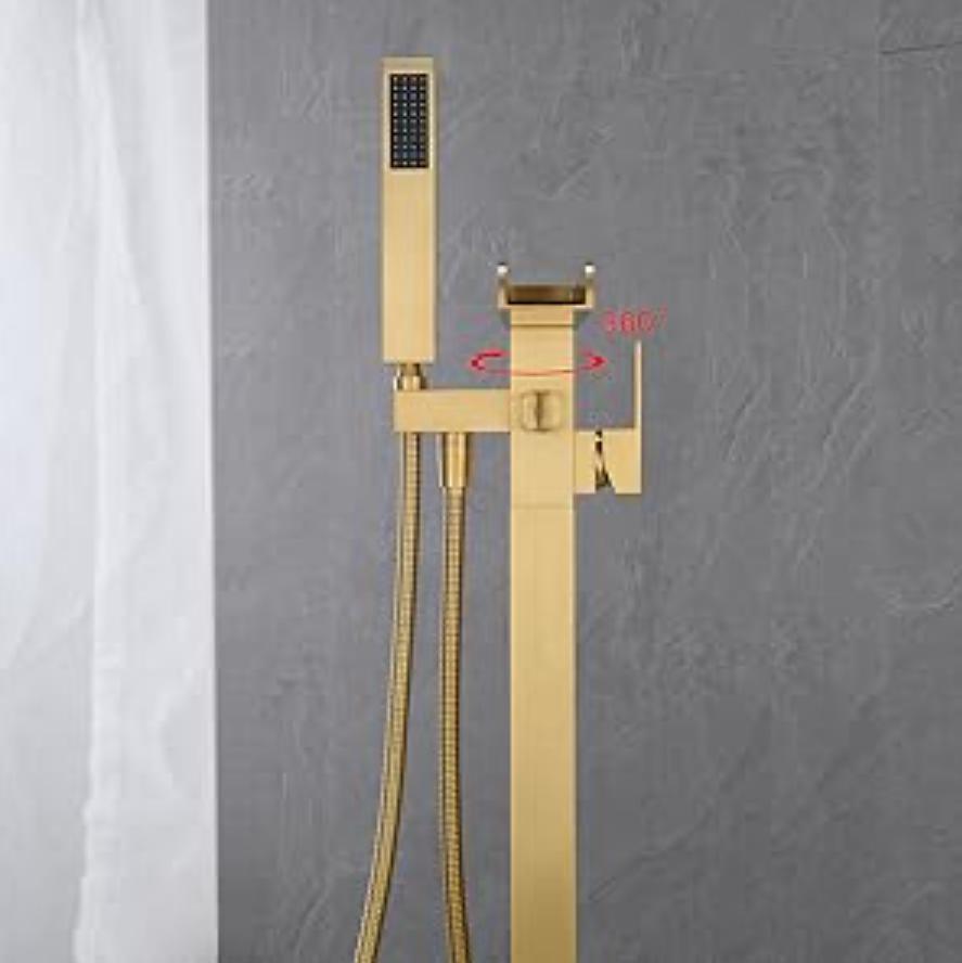 Tub Filler Waterfall Faucet Single Handle Floor Mount With Rough-In And Handheld Brushed gold