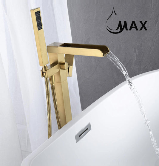 Tub Filler Waterfall Faucet Single Handle Floor Mount With Rough-In And Handheld Brushed gold