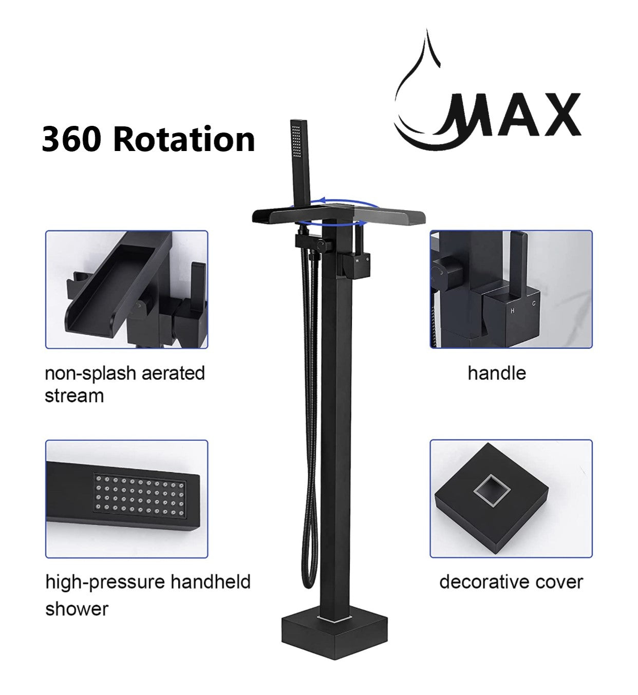 Waterfall Tub Filler Faucet Single Handle Floor Mount With Rough-In And Handheld Matte Black Finish