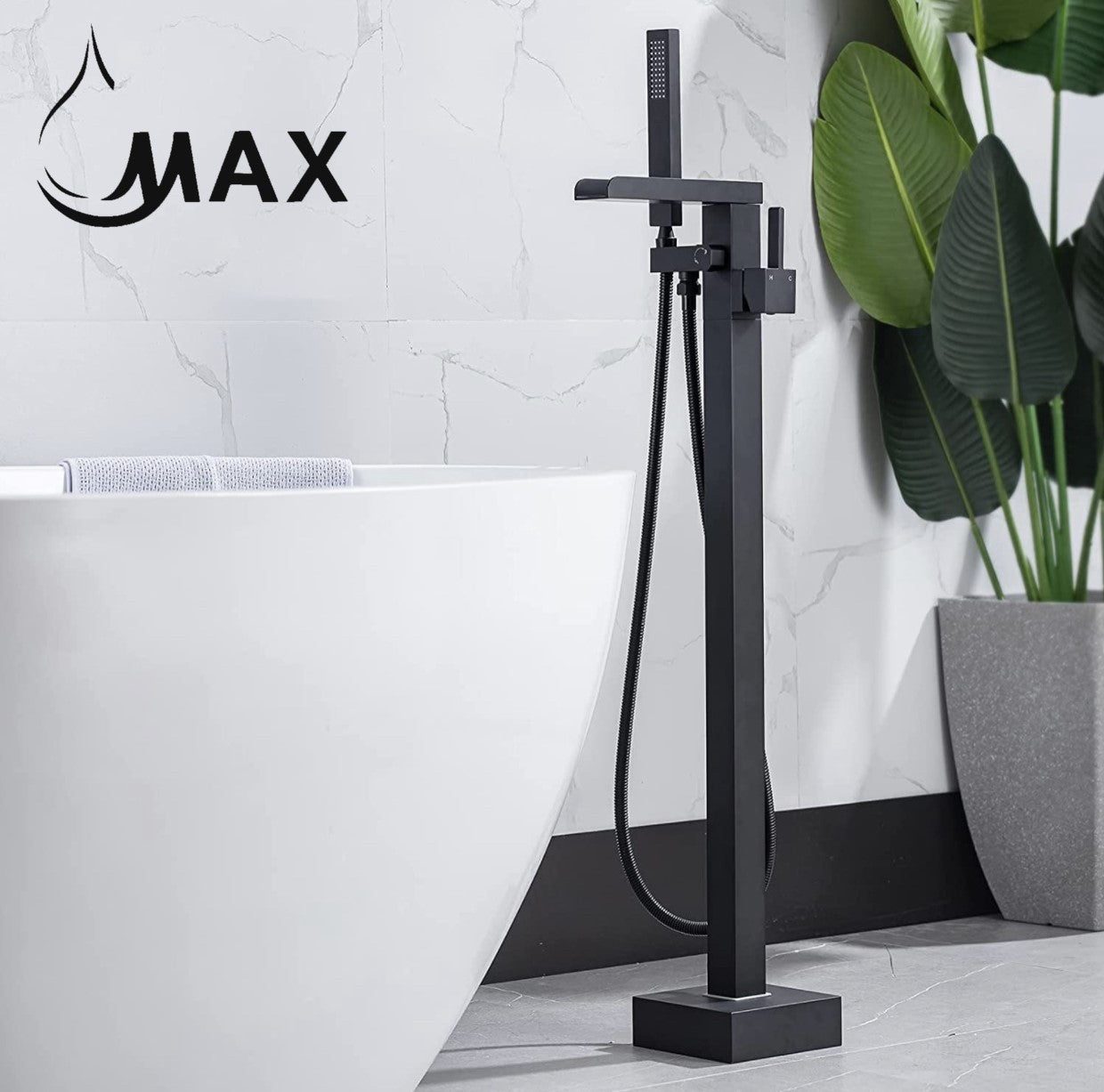 Waterfall Tub Filler Faucet Single Handle Floor Mount With Rough-In And Handheld Matte Black Finish