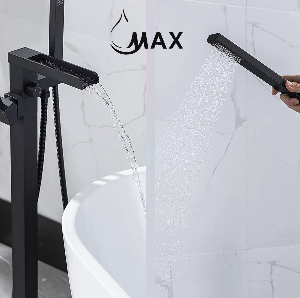 Waterfall Tub Filler Faucet Single Handle Floor Mount With Rough-In And Handheld Matte Black Finish